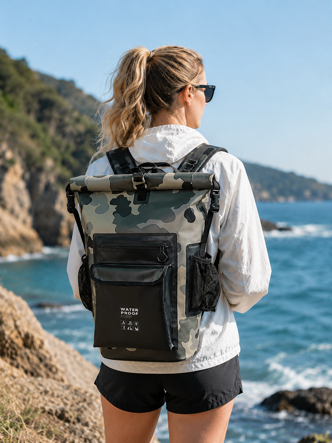 30L Color-Block Waterproof Travel Backpack: Outdoor carrying view