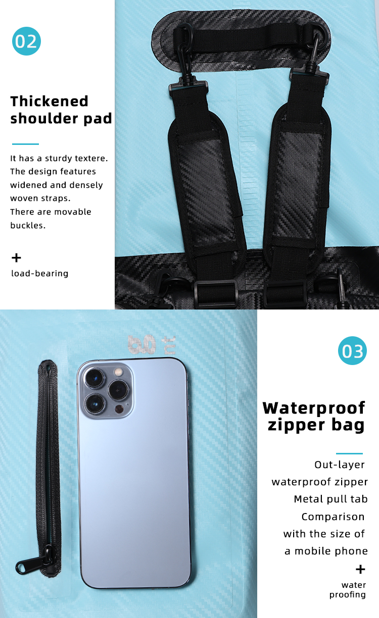 Contrast-Base Waterproof Dry Bag for Kayaking & Travel: Strap and window details