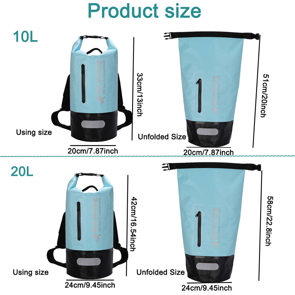 Contrast-Base Waterproof Dry Bag for Kayaking & Travel: 10L and 20L size reference