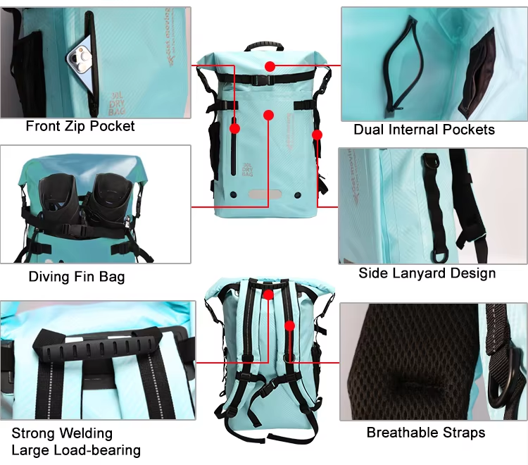 35L Fin-Storage Waterproof Diving Backpack: Straps and back panel