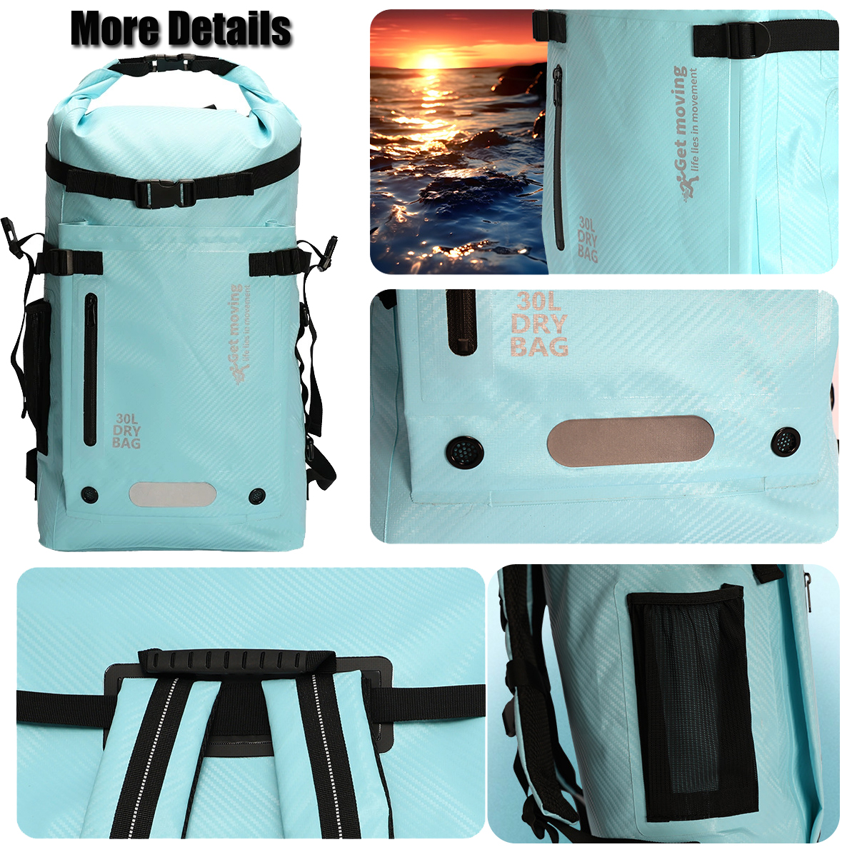 35L Fin-Storage Waterproof Diving Backpack: Pocket and strap details