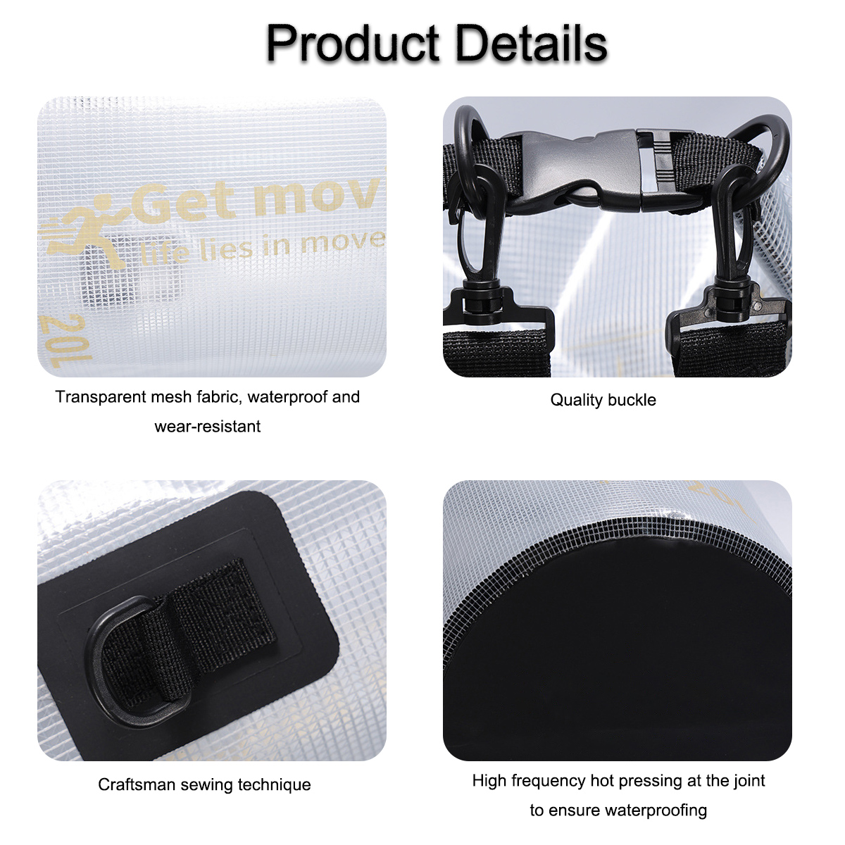 Transparent Grid Waterproof Dry Bag for Beach & Travel: Buckle and attachment details