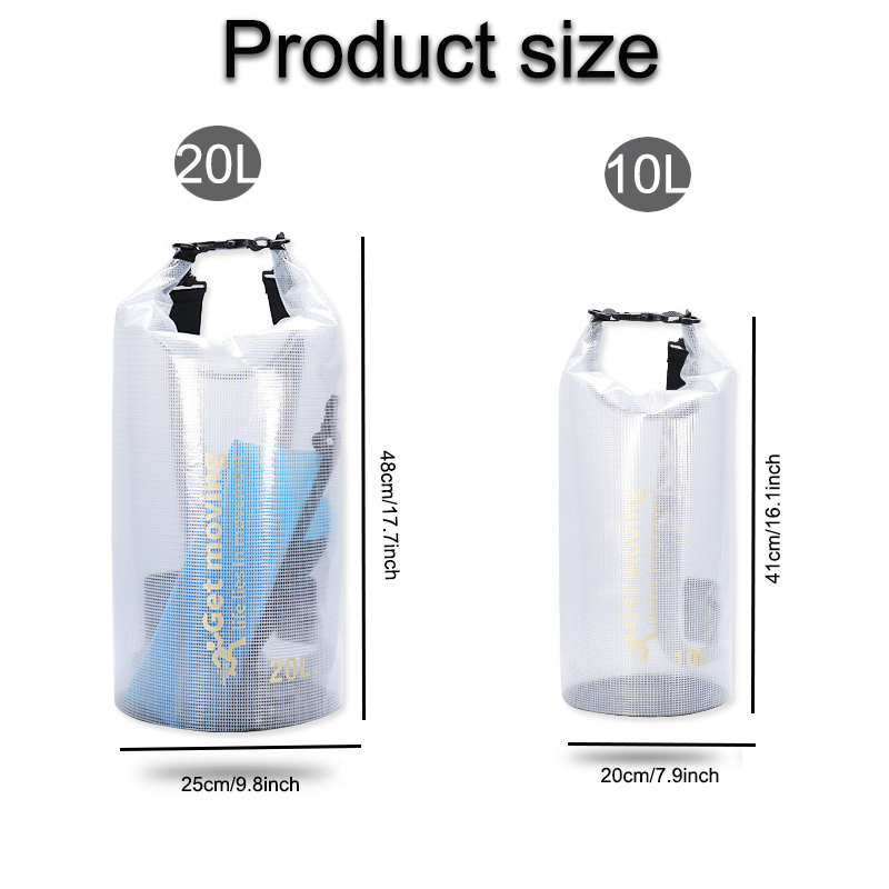 Transparent Grid Waterproof Dry Bag for Beach & Travel: 10L and 20L size reference