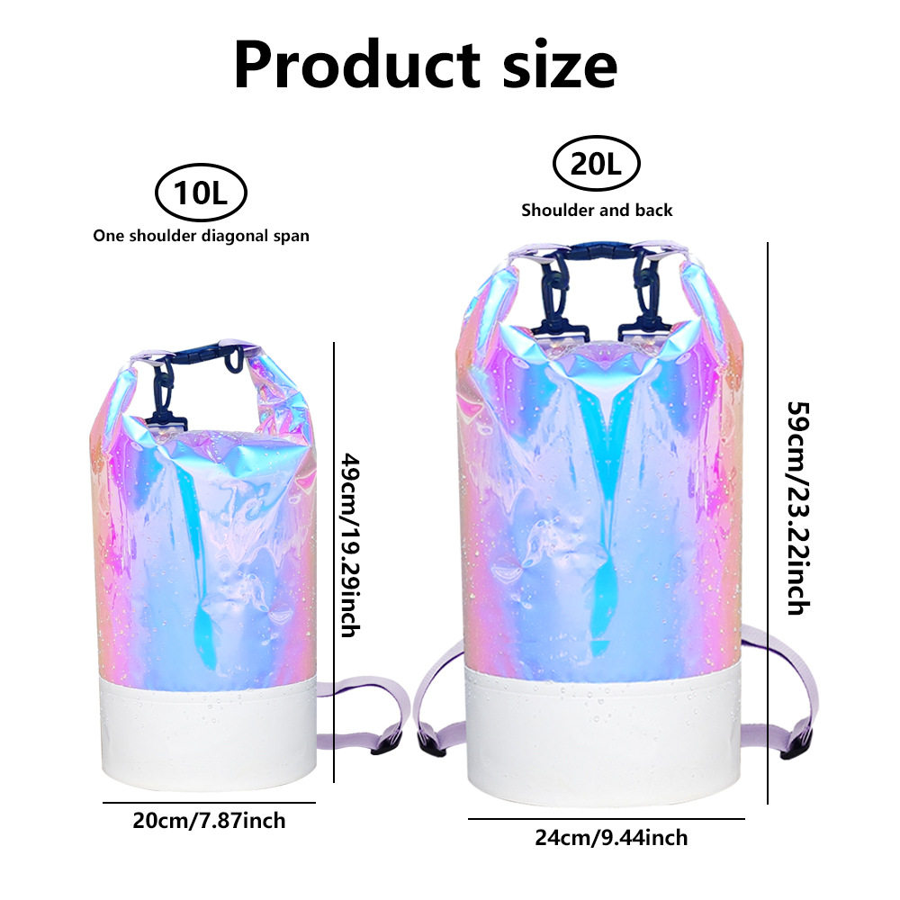 Holographic Roll-Top Waterproof Dry Bag: 10L and 20L size reference