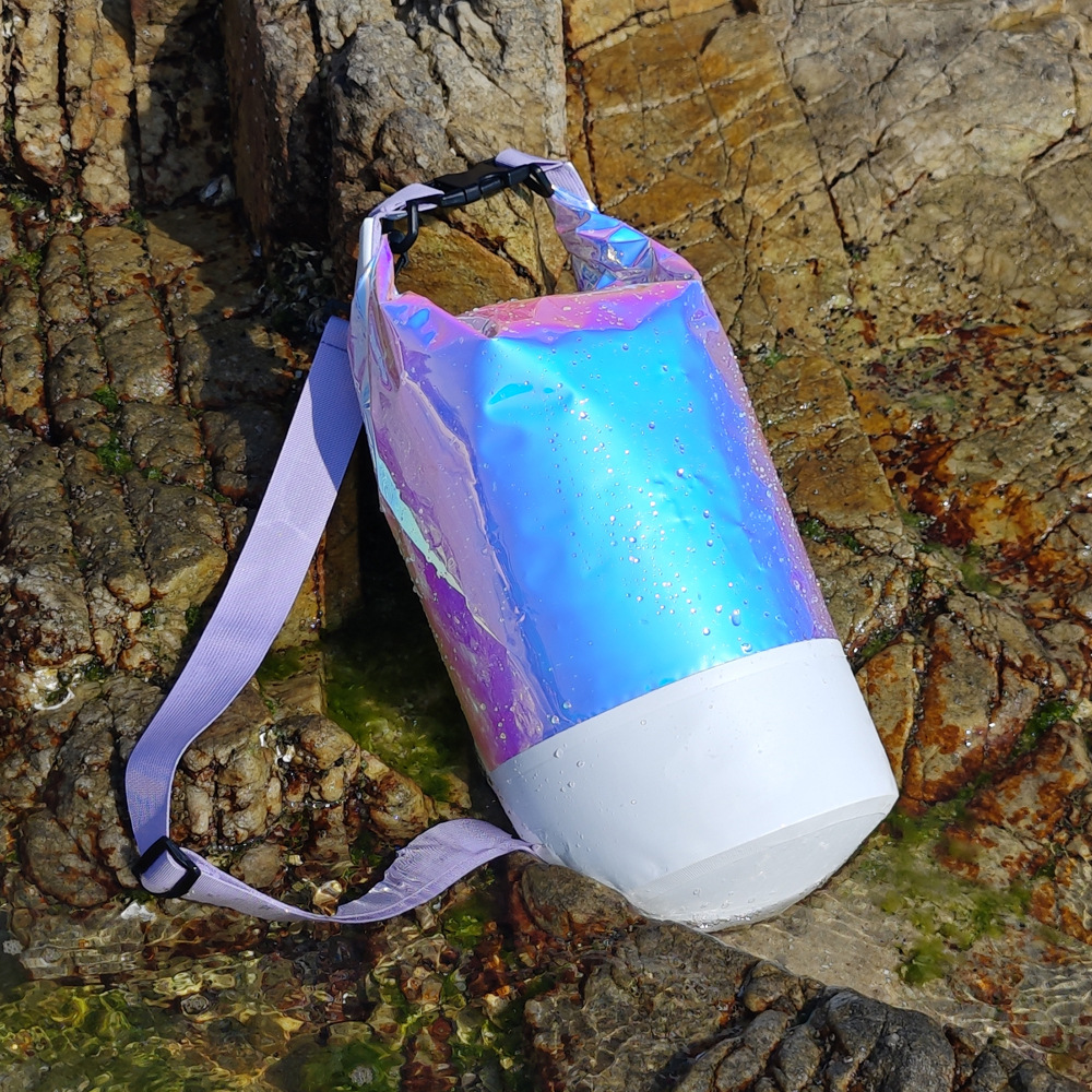 Holographic Roll-Top Waterproof Dry Bag: Side and shoulder strap view