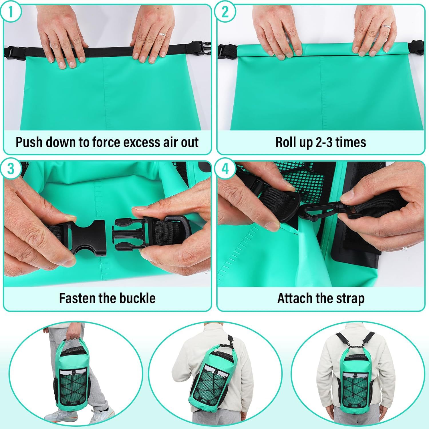 25L Mesh-Pocket Waterproof Carry Bag: Closure steps