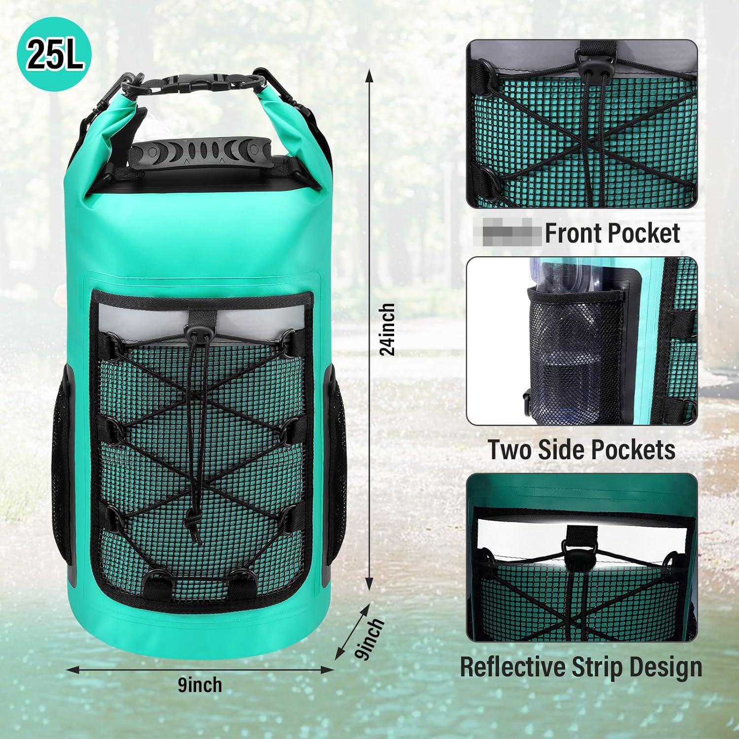 25L Mesh-Pocket Waterproof Carry Bag: Front and side storage