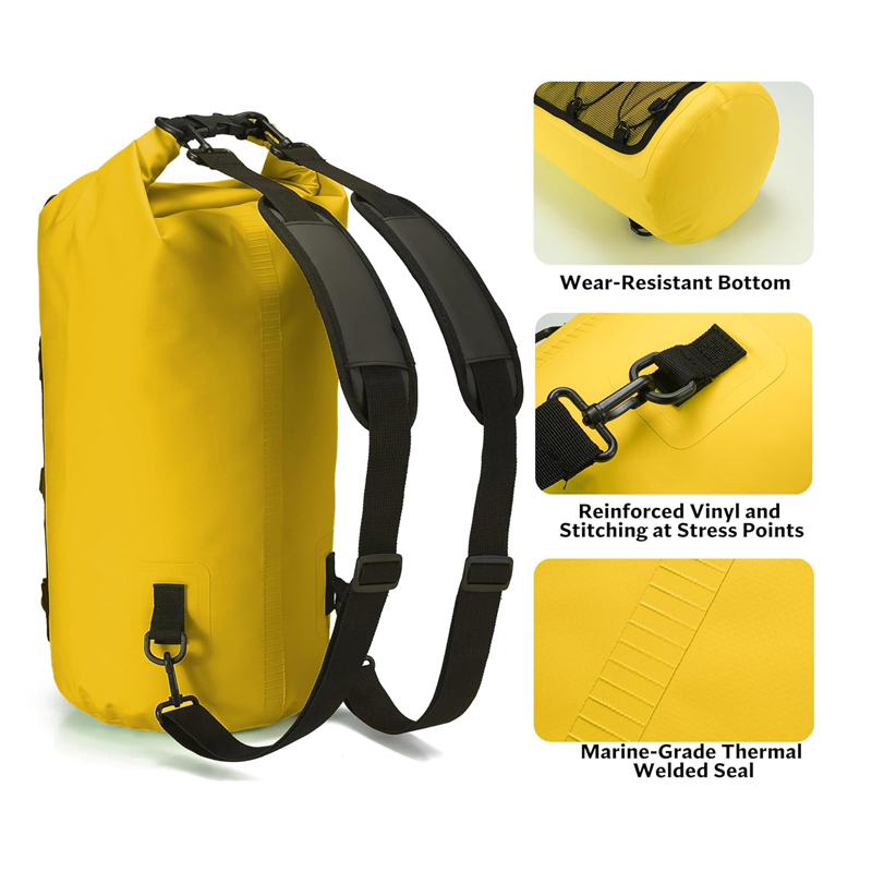 Mesh-Pocket Roll-Top Waterproof Dry Bag: Back and closure details