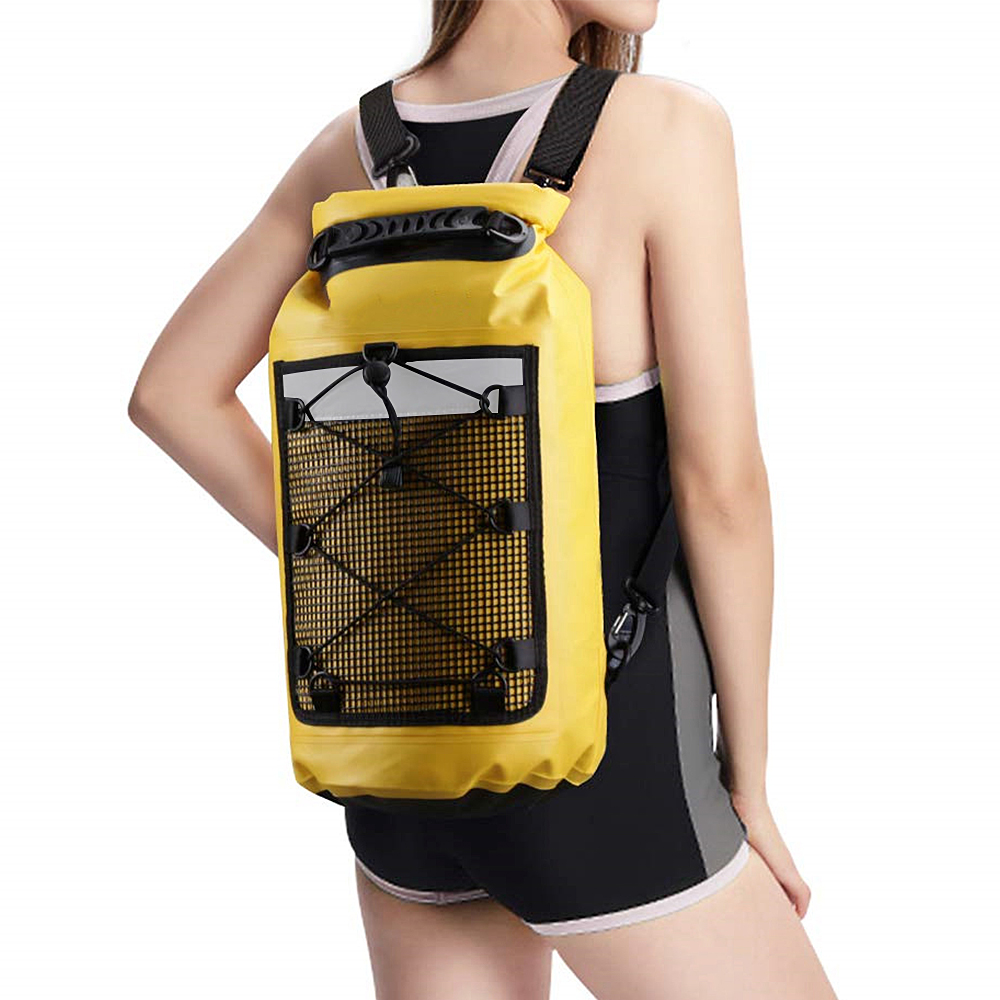 Mesh-Pocket Roll-Top Waterproof Dry Bag: Shoulder carrying view
