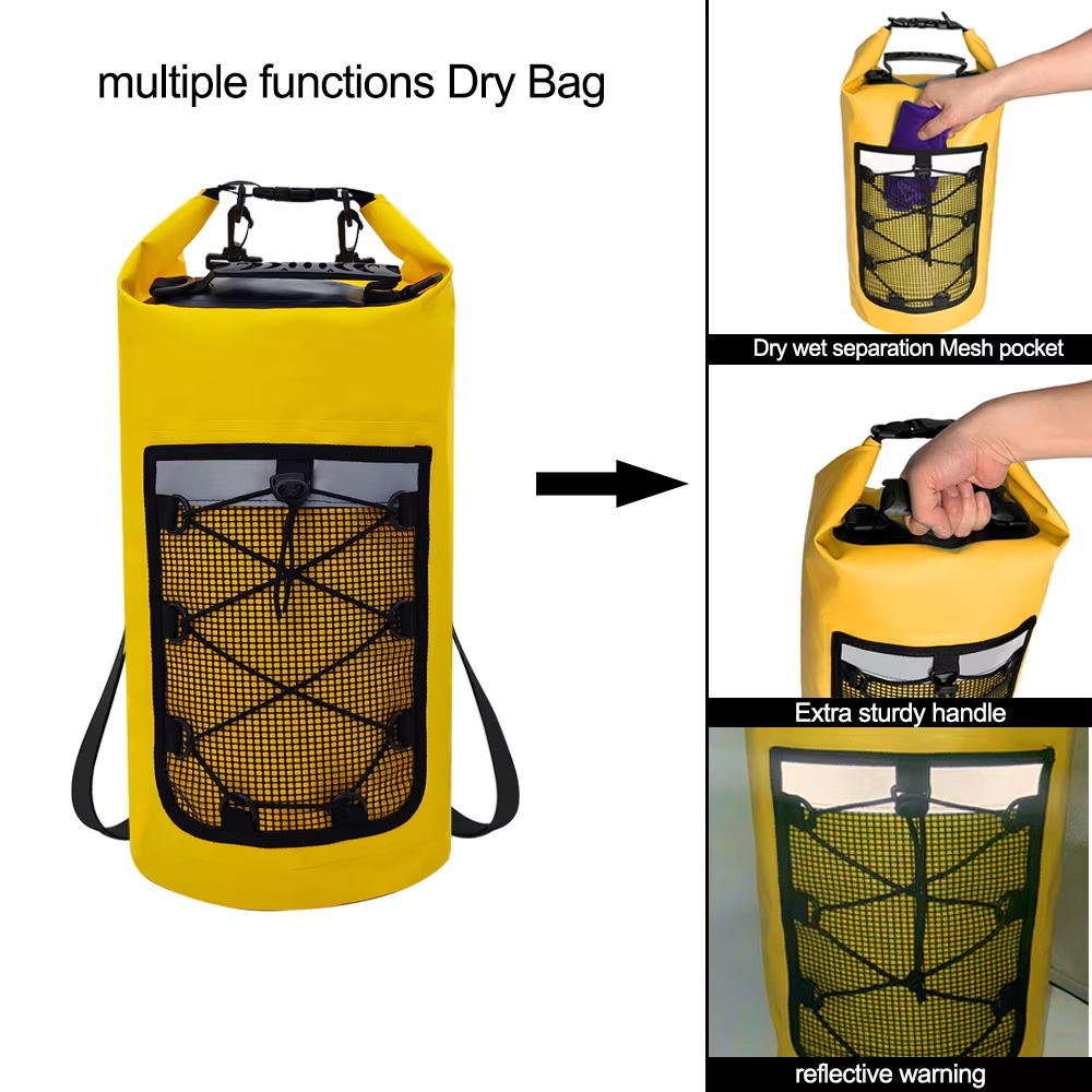 Mesh-Pocket Roll-Top Waterproof Dry Bag: Front storage details