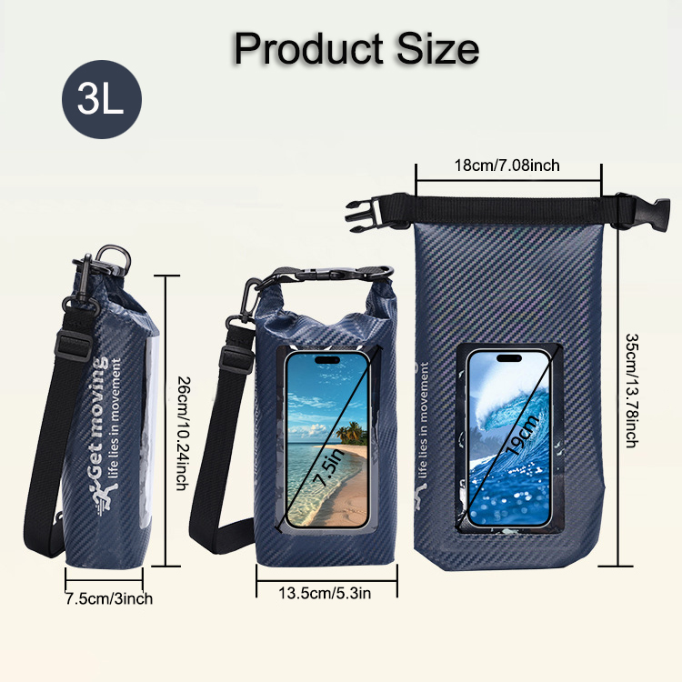 Mini Waterproof Dry Pouch with Phone Window: 3L size reference