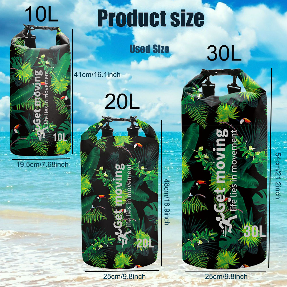 Custom Printed Waterproof Dry Bag for Rafting & Beach: 10L 20L and 30L size reference