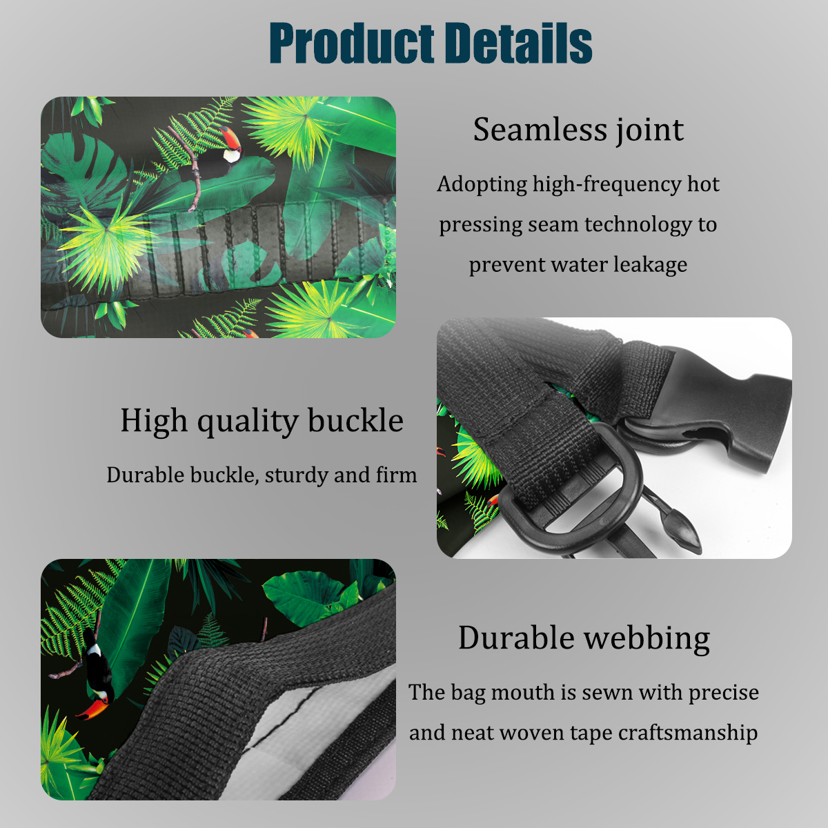 Custom Printed Waterproof Dry Bag for Rafting & Beach: Fabric and buckle details