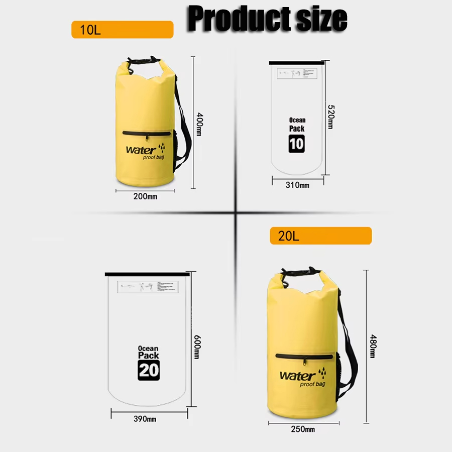 20L Three-Color Waterproof Dry Bag with Zip Pocket: Size reference