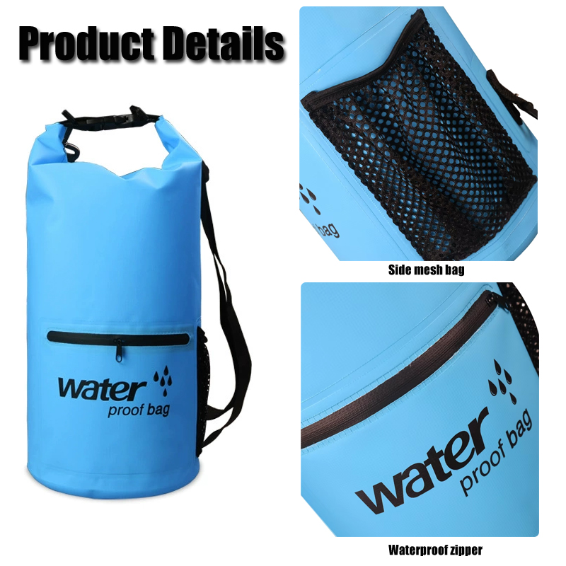 20L Three-Color Waterproof Dry Bag with Zip Pocket: Mesh and zipper details