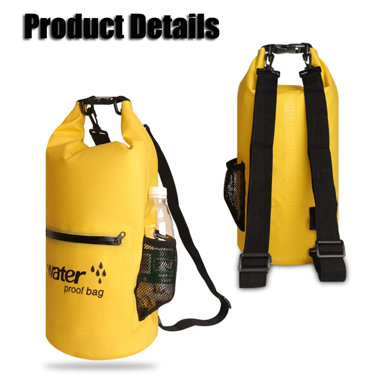 20L Three-Color Waterproof Dry Bag with Zip Pocket: Front and back details