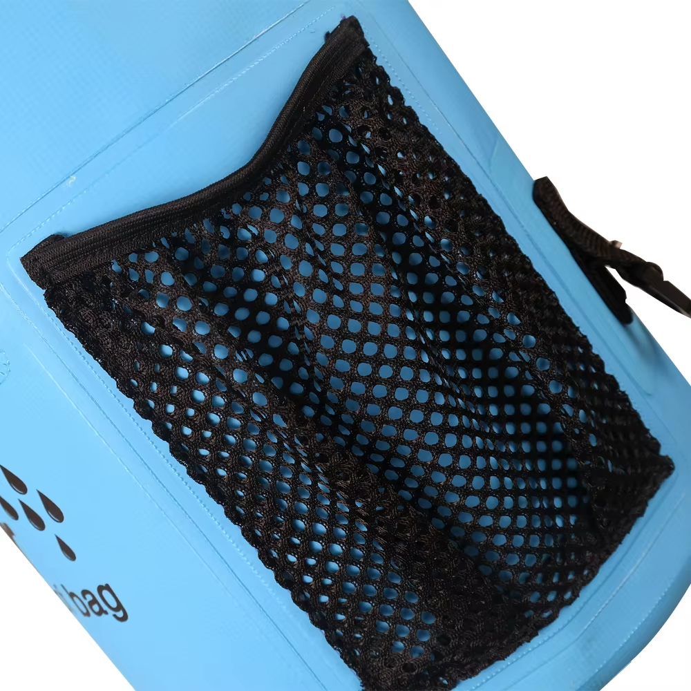 20L Three-Color Waterproof Dry Bag with Zip Pocket: Mesh pocket close-up