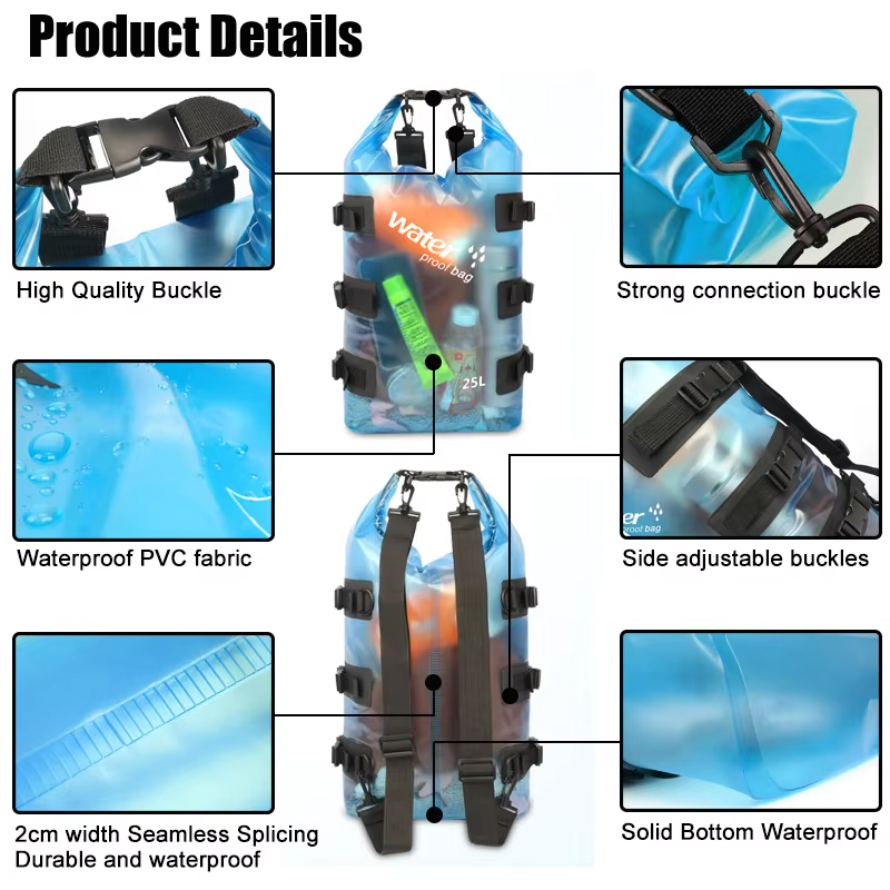 25L Transparent Blue Waterproof Dry Backpack: Construction details