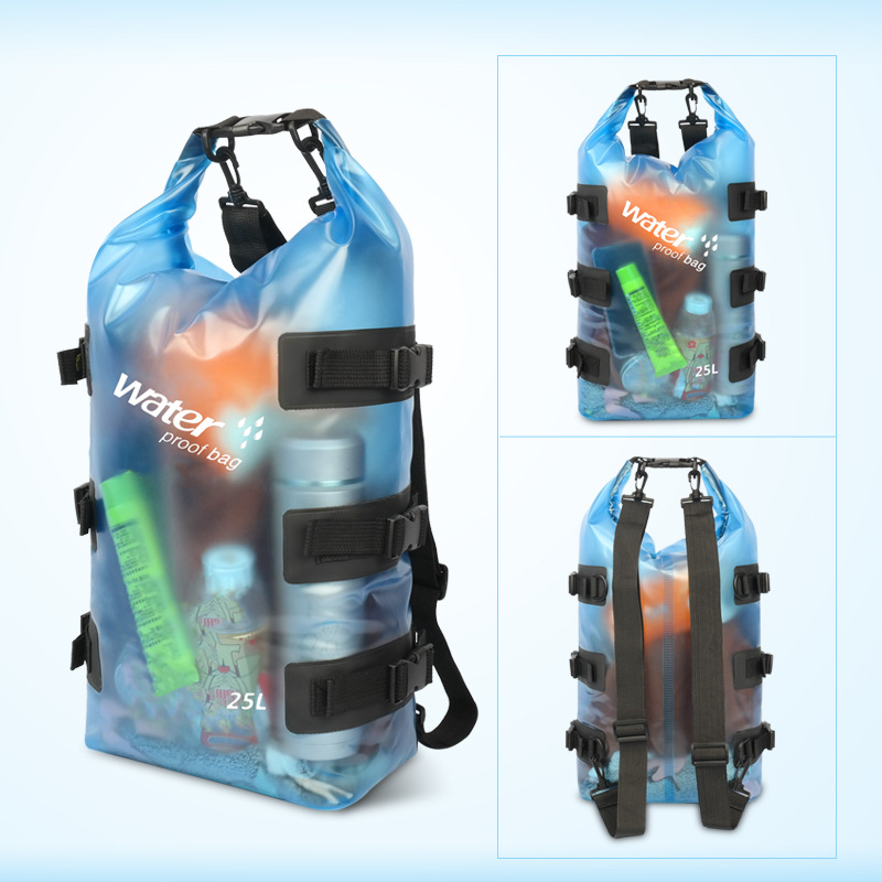 25L Transparent Blue Waterproof Dry Backpack: Front and back views