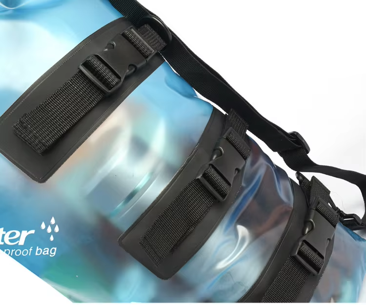 25L Transparent Blue Waterproof Dry Backpack: Body and webbing detail
