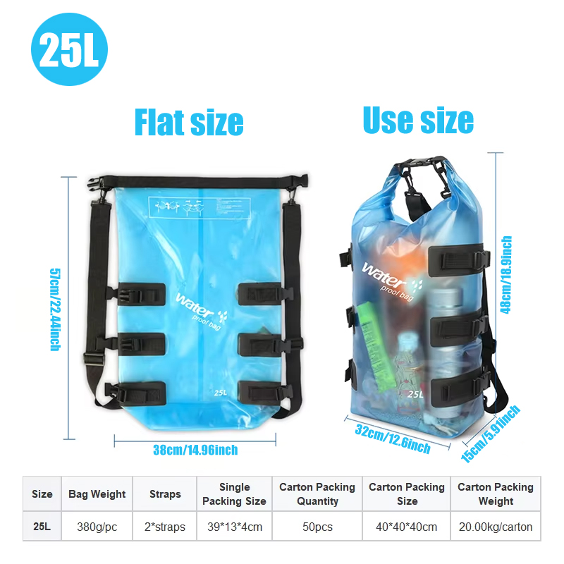 25L Transparent Blue Waterproof Dry Backpack: 25L size reference