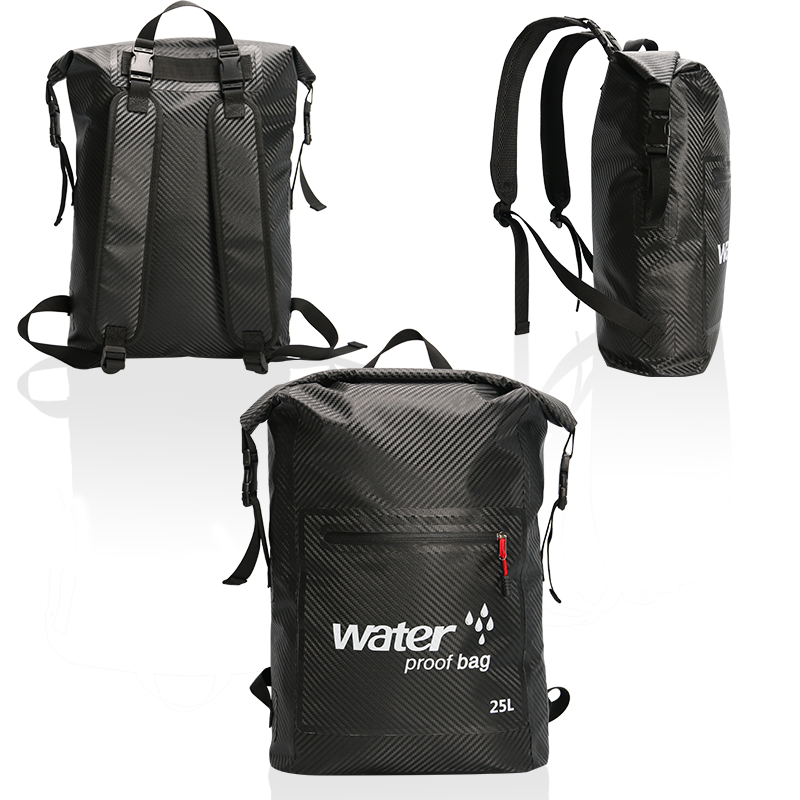 30L Carbon-Fiber-Textured Waterproof Dry Backpack: Front and back views