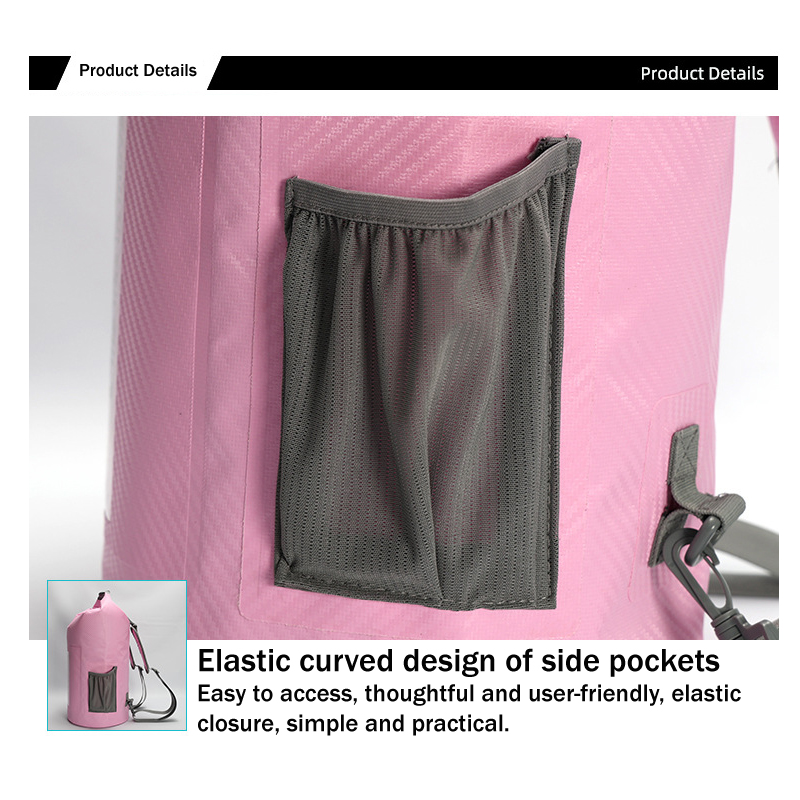 Carbon-Fiber-Textured Roll-Top Dry Bag with Window: Side mesh pocket