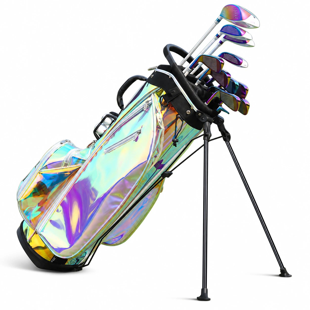 Custom waterproof golf bag in iridescent TPU with padded club dividers and deployed black stand legs