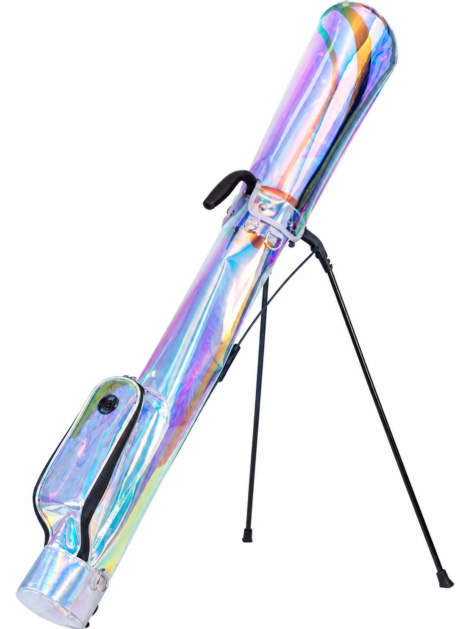 Lightweight custom waterproof golf bag in iridescent TPU with slim hooded body and folding stand legs
