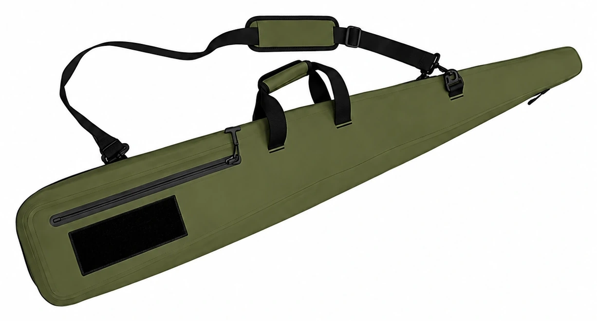 Custom waterproof gun bag in olive TPU with tapered soft-case shape, twin handles, shoulder pad and front zip pocket