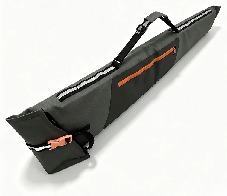 Custom waterproof gun bag reference with dark tapered body, orange external zipper and buckle, carry straps and contrast trim