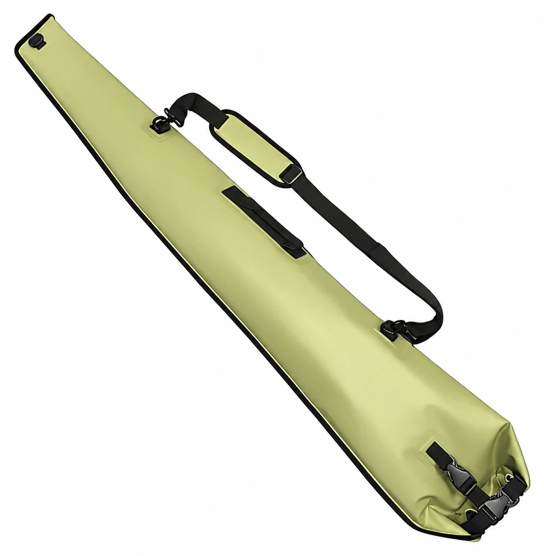 Custom waterproof gun bag with long olive PVC body, short carry handle, shoulder pad and folded wide-end closure