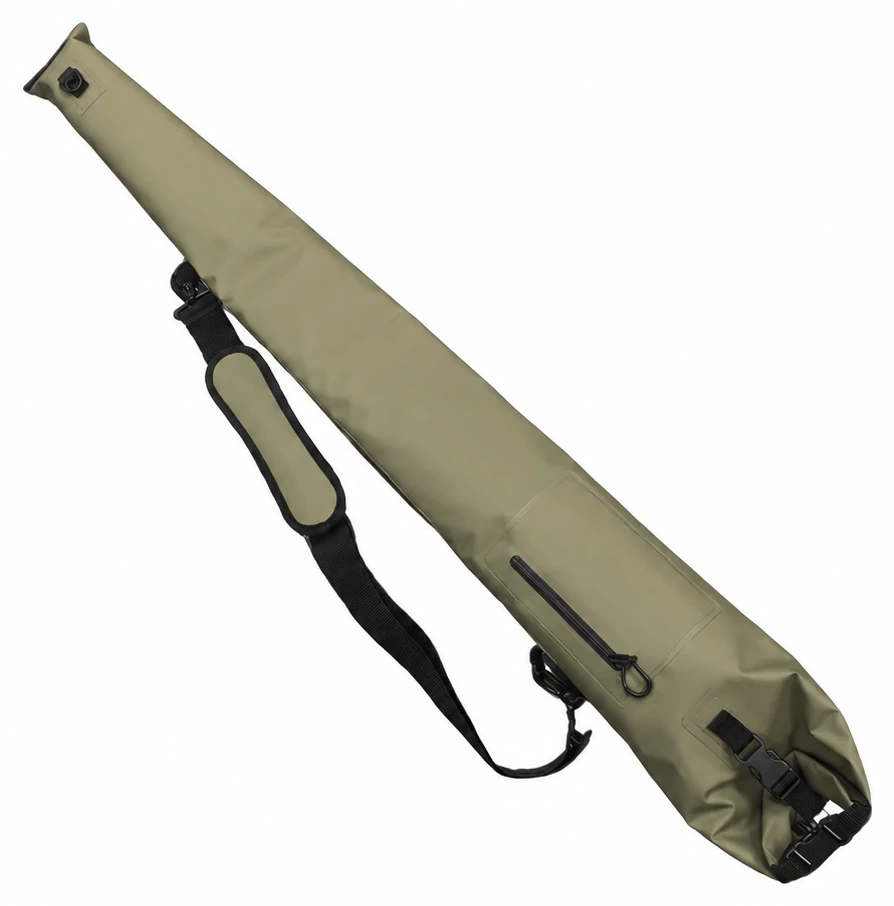 Custom waterproof gun bag in olive with roll-top wide end, external zip pocket and detachable shoulder strap