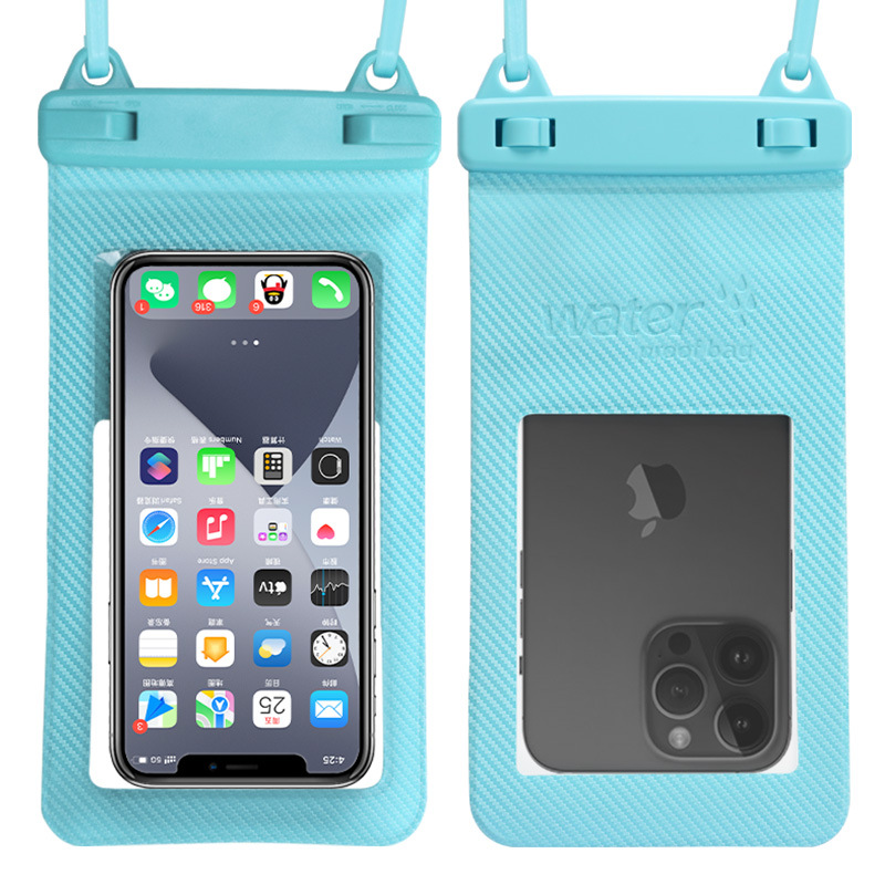 Carbon-Textured Dual-Hook Waterproof Phone Pouch — Light blue, front and reverse