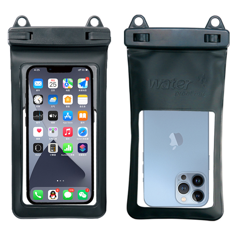 Dual-Hook Waterproof Phone Pouch — Black pouch, front and reverse