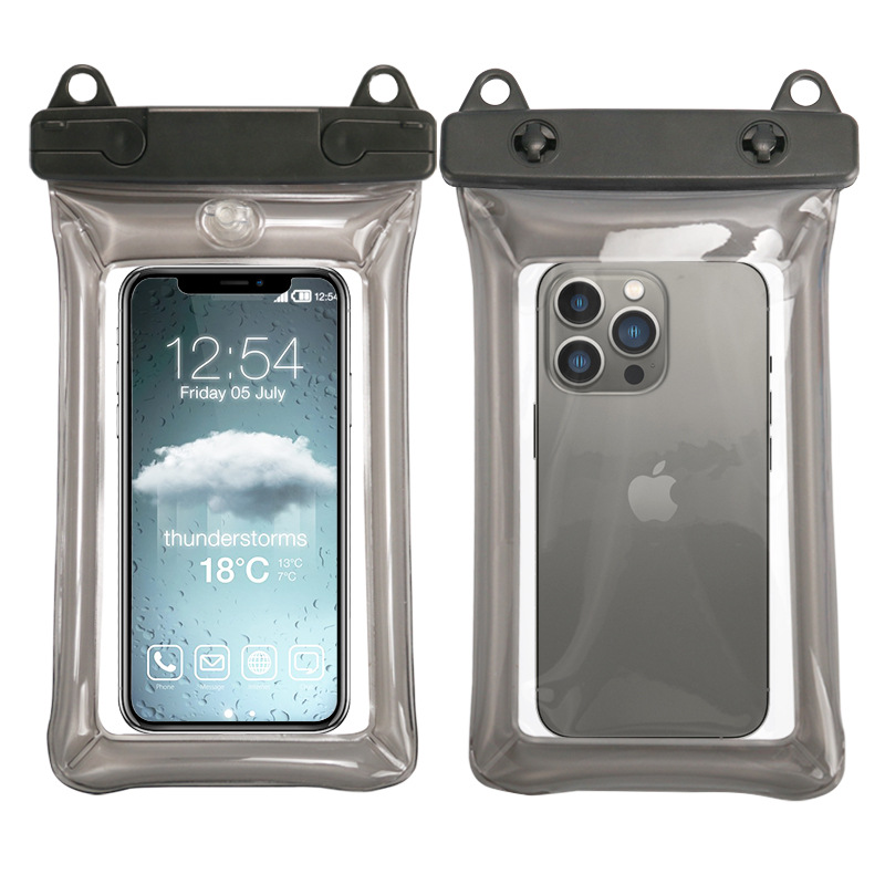 Inflatable-Frame Waterproof Phone Pouch with Pump — Black pouch, front and reverse