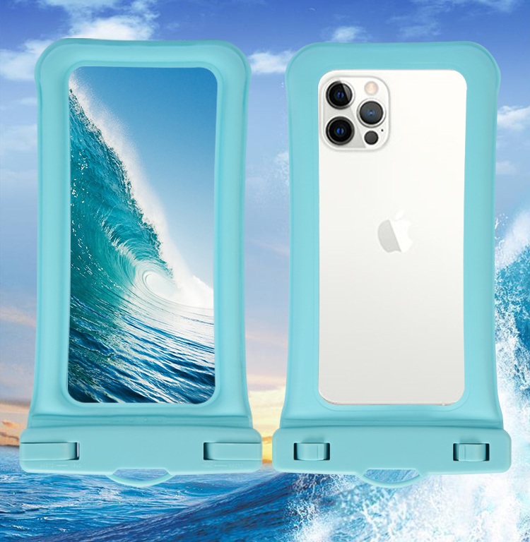 U-Shaped TPU Floating Waterproof Phone Pouch — Aqua pouch, front and reverse