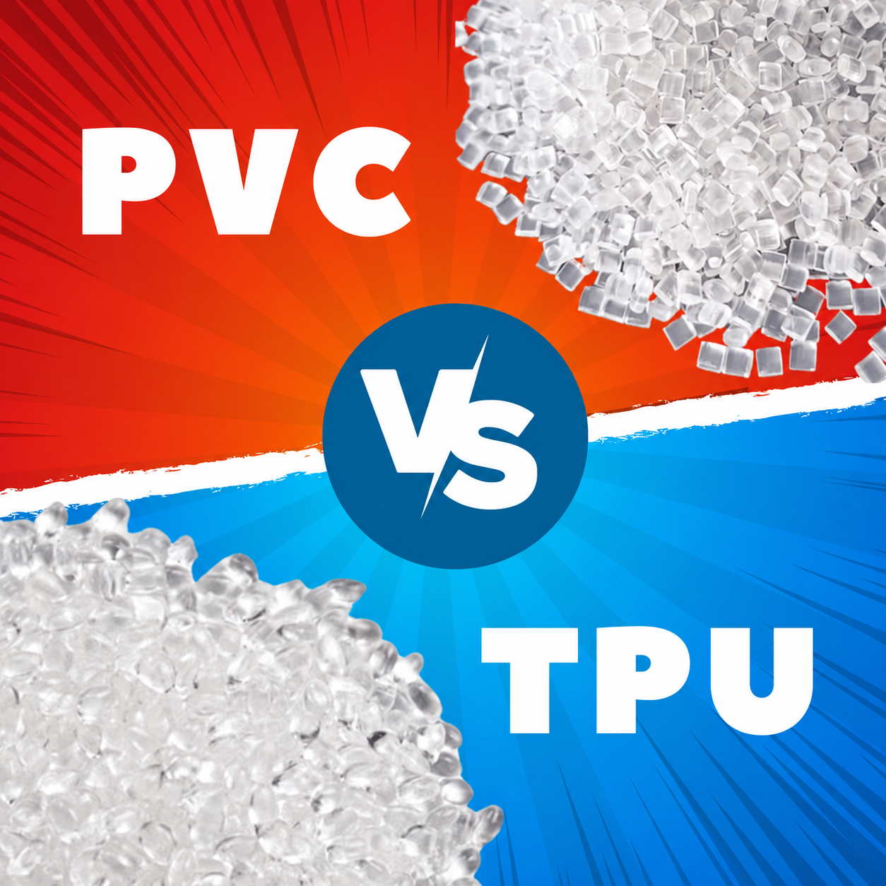 PVC versus TPU cover illustration with plastic pellets and contrasting red and blue backgrounds