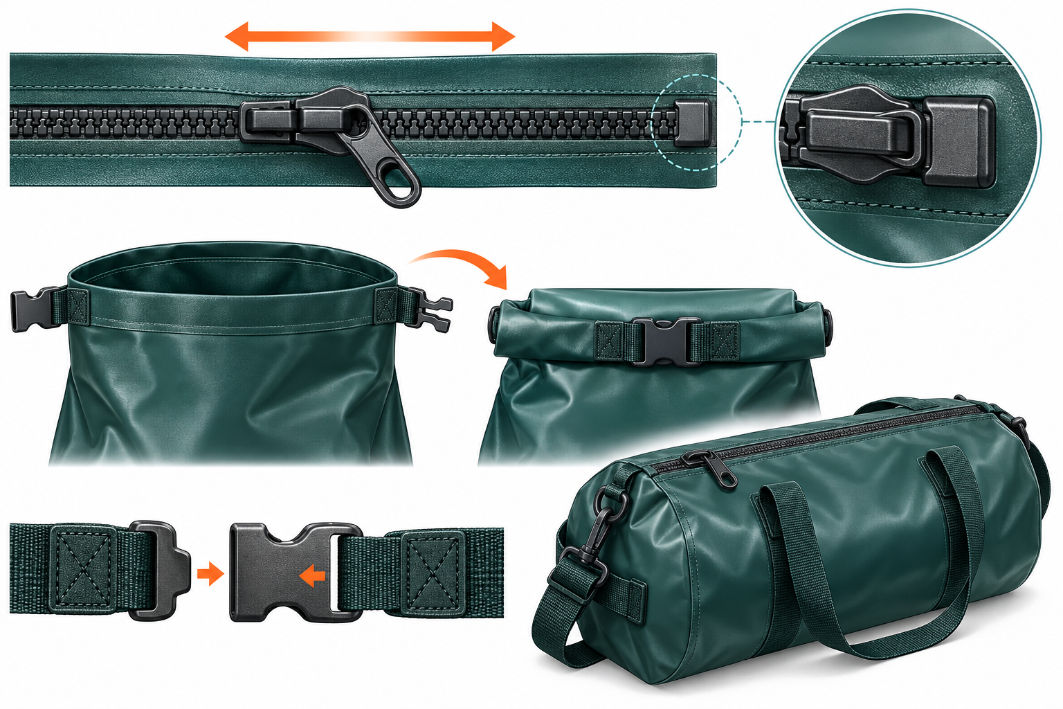 Conceptual technical diagram of zipper travel, a closed zipper end, roll-top states, buckle engagement and a dry duffel