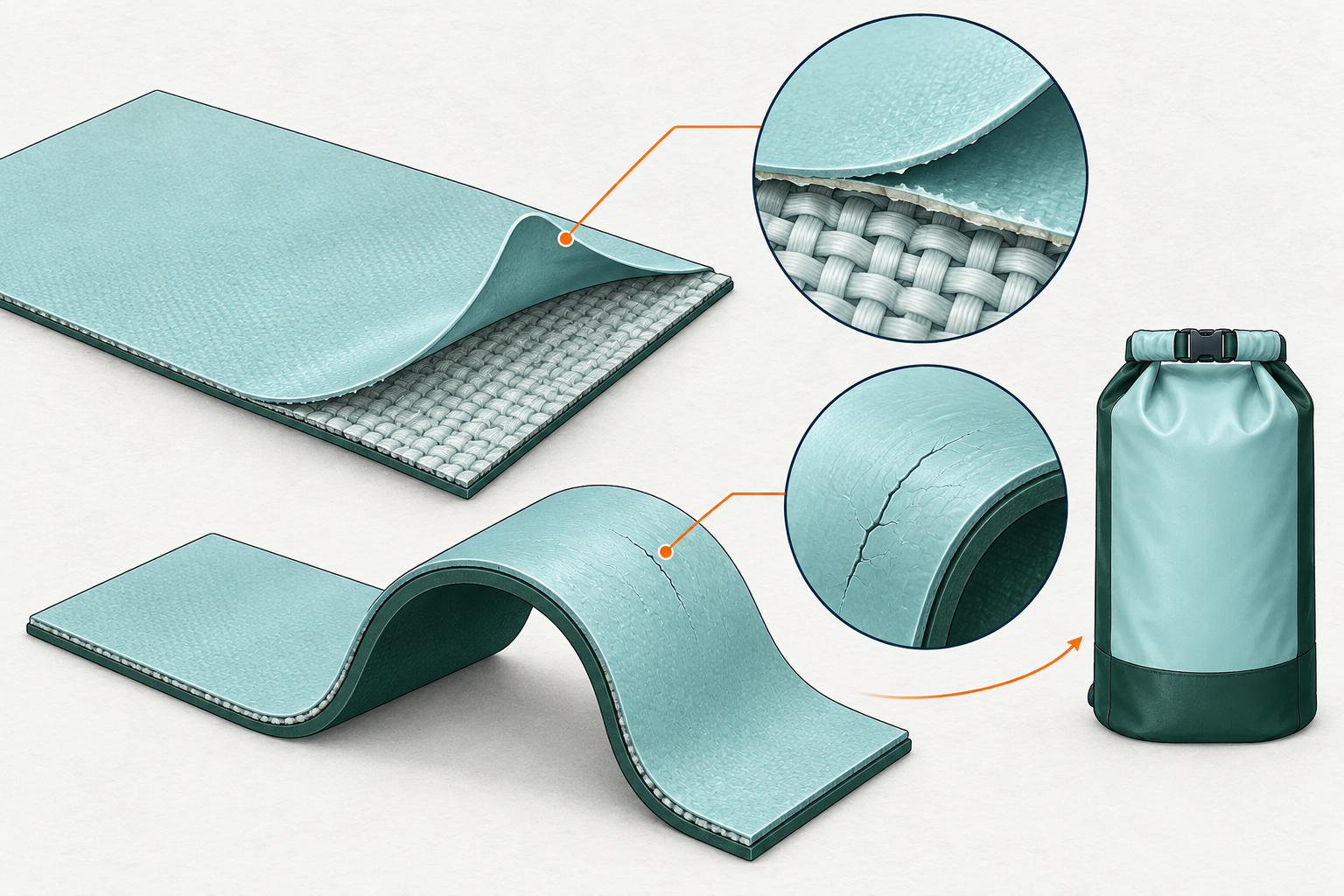 Conceptual diagram of coated woven fabric, a peeled coating edge, repeated bending and a roll-top dry bag