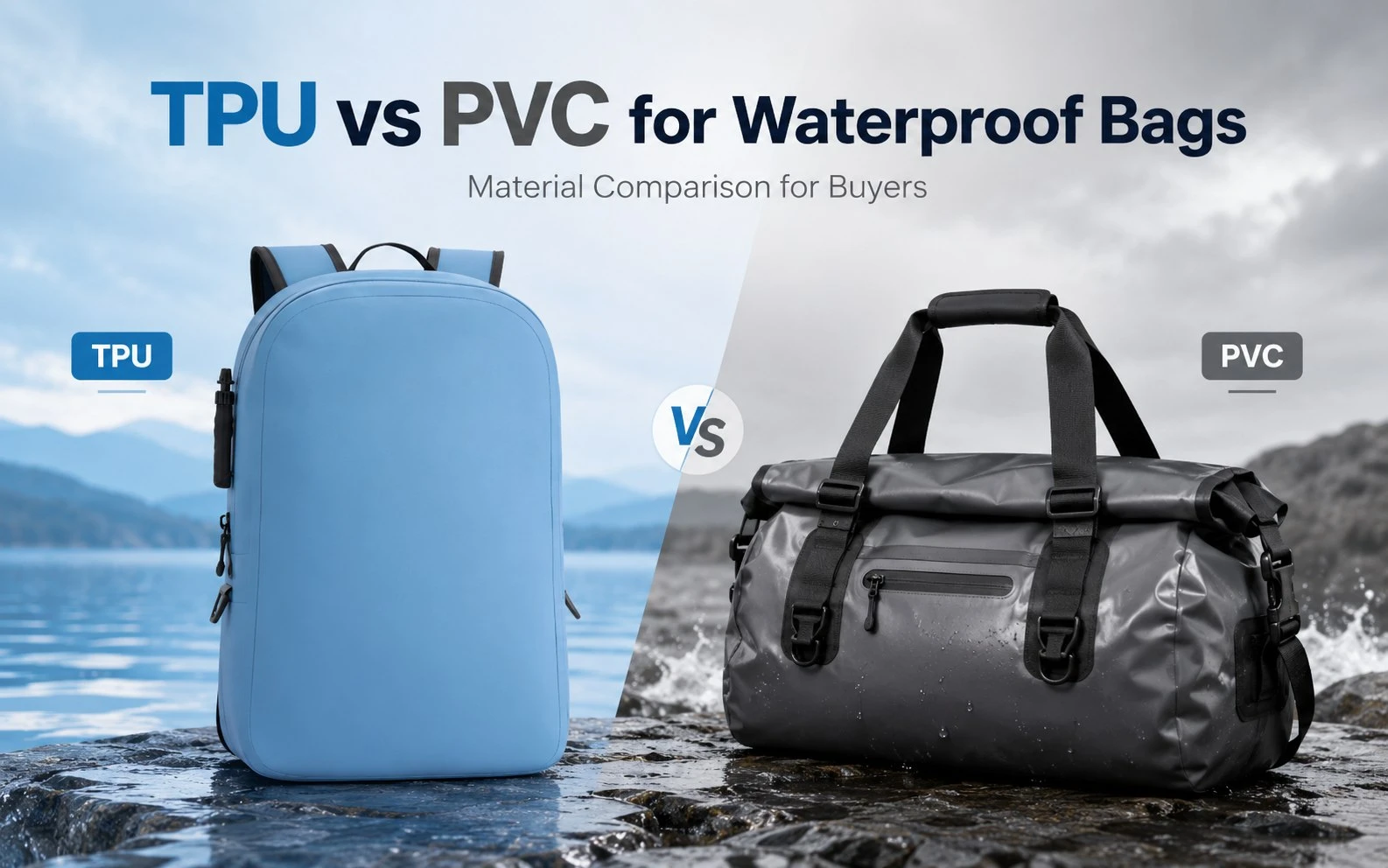 Illustrative blue TPU backpack and black PVC duffel with material comparison labels