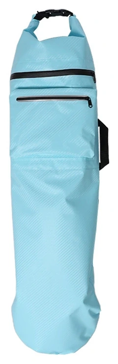 Sky-blue long roll-top skateboard backpack with front zip storage and side handle