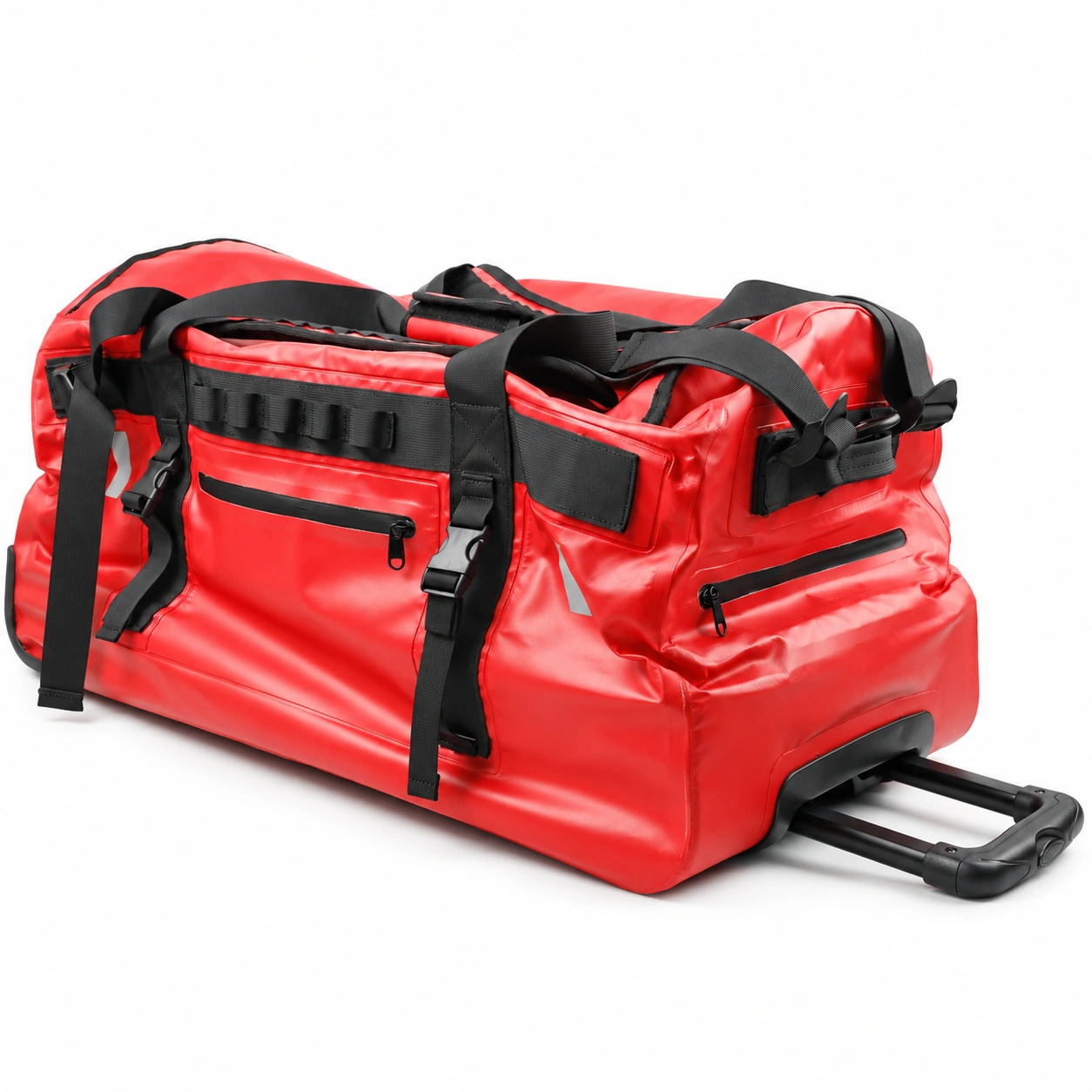 Red wheeled waterproof duffel with black webbing and extended trolley handle on a white background