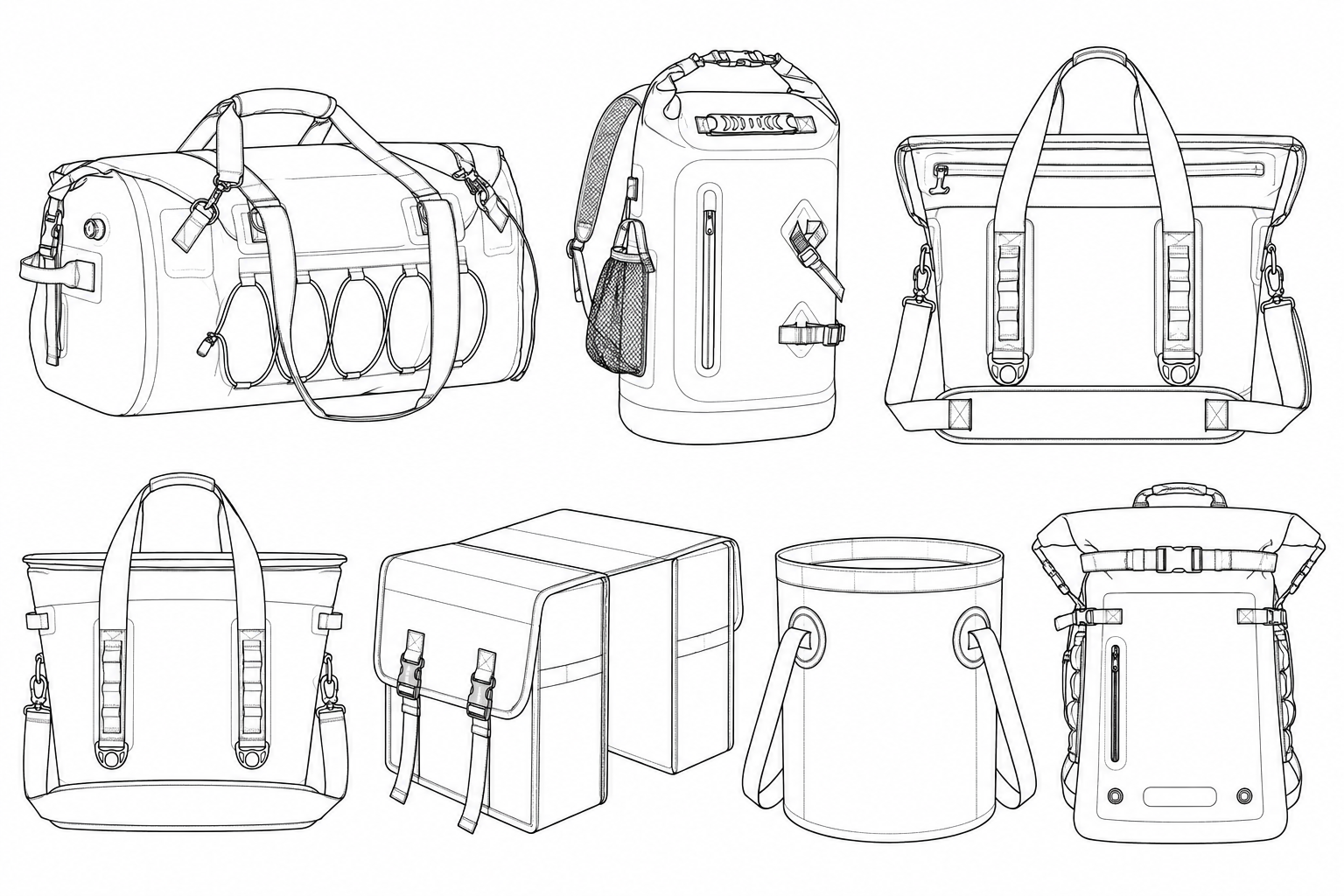 Waterproof bag design line drawings: duffel bags, dry bags, backpacks and panniers